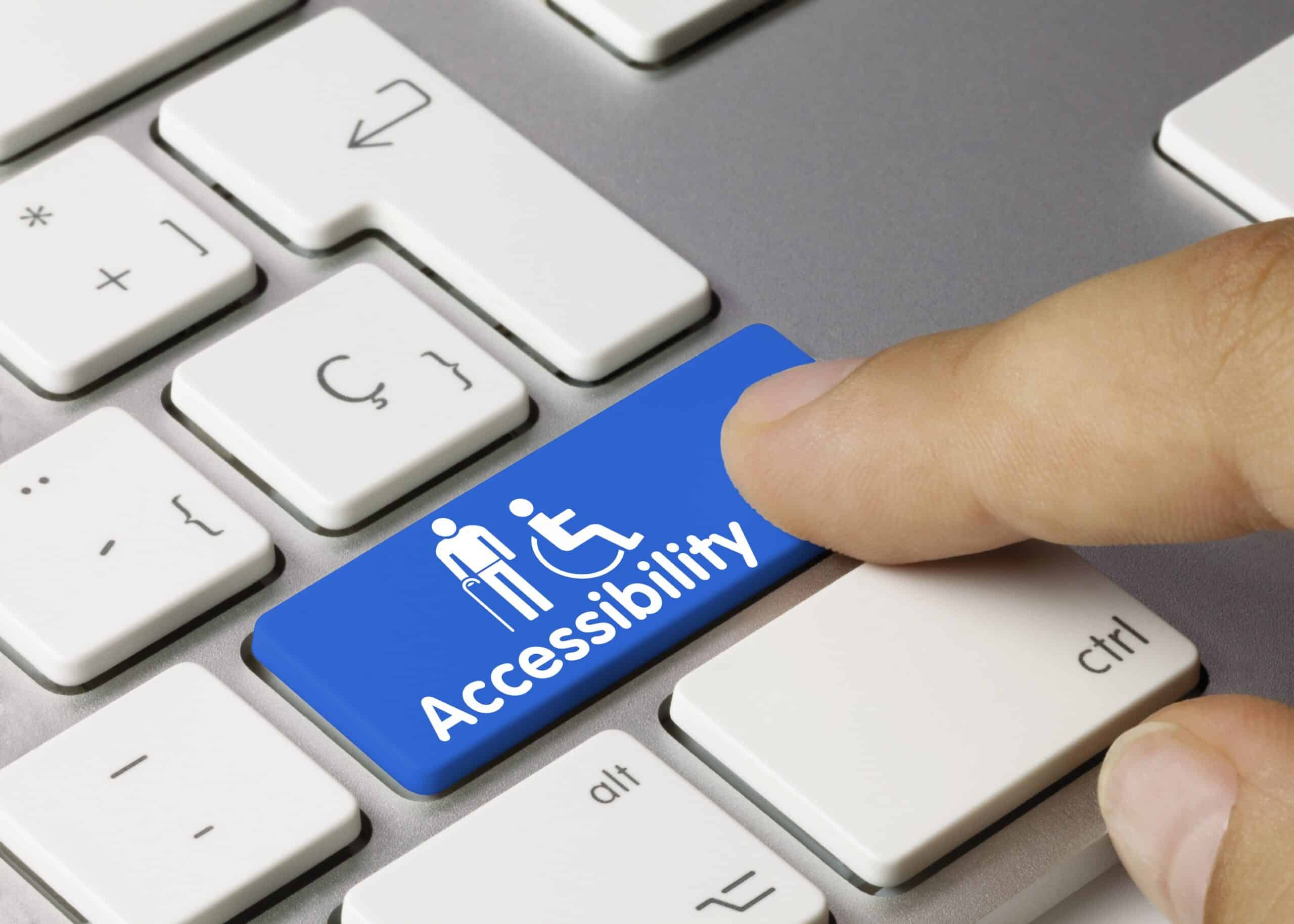 Keyboard with a blue key that says accessibility. A Brief History of Accessibility Law in the U.S. ; accessibility laws