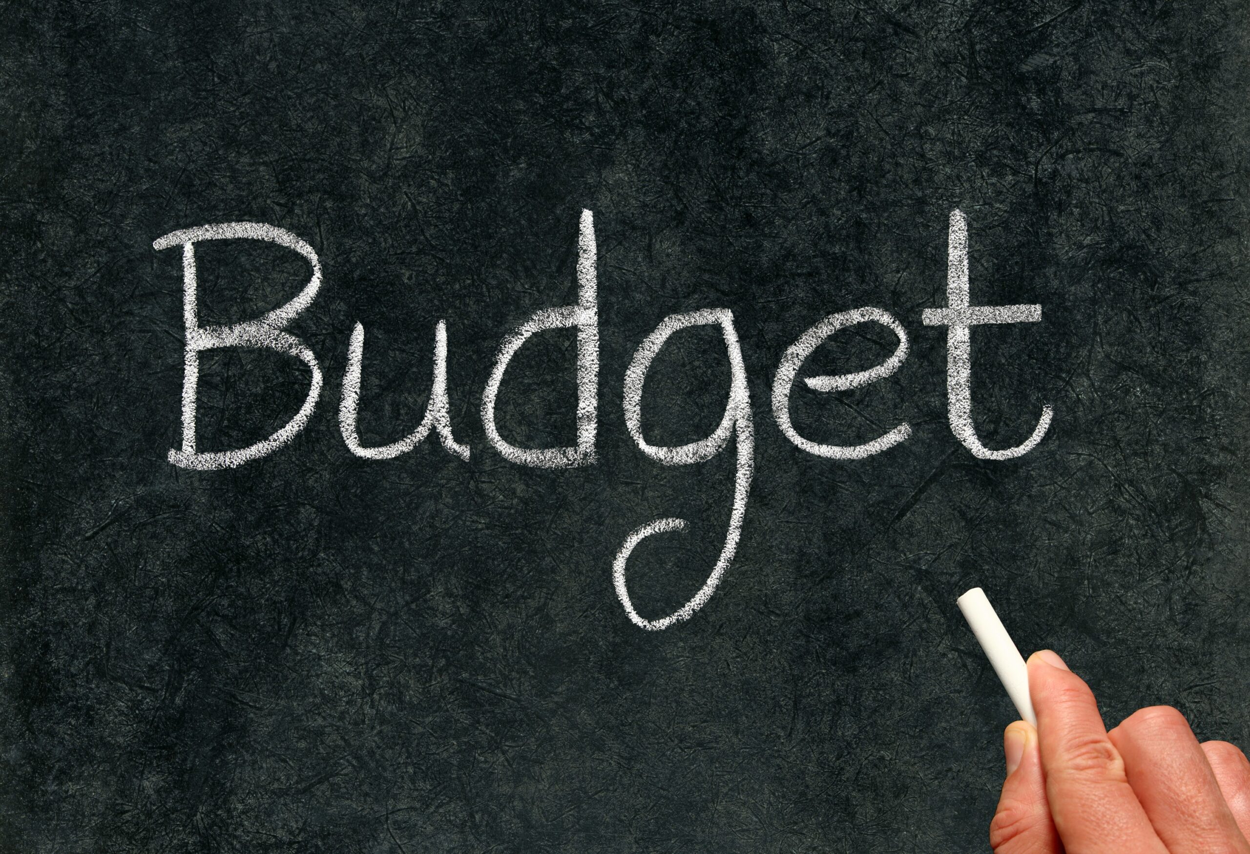 Budget, written with white chalk on a blackboard. Video Captioning Budget