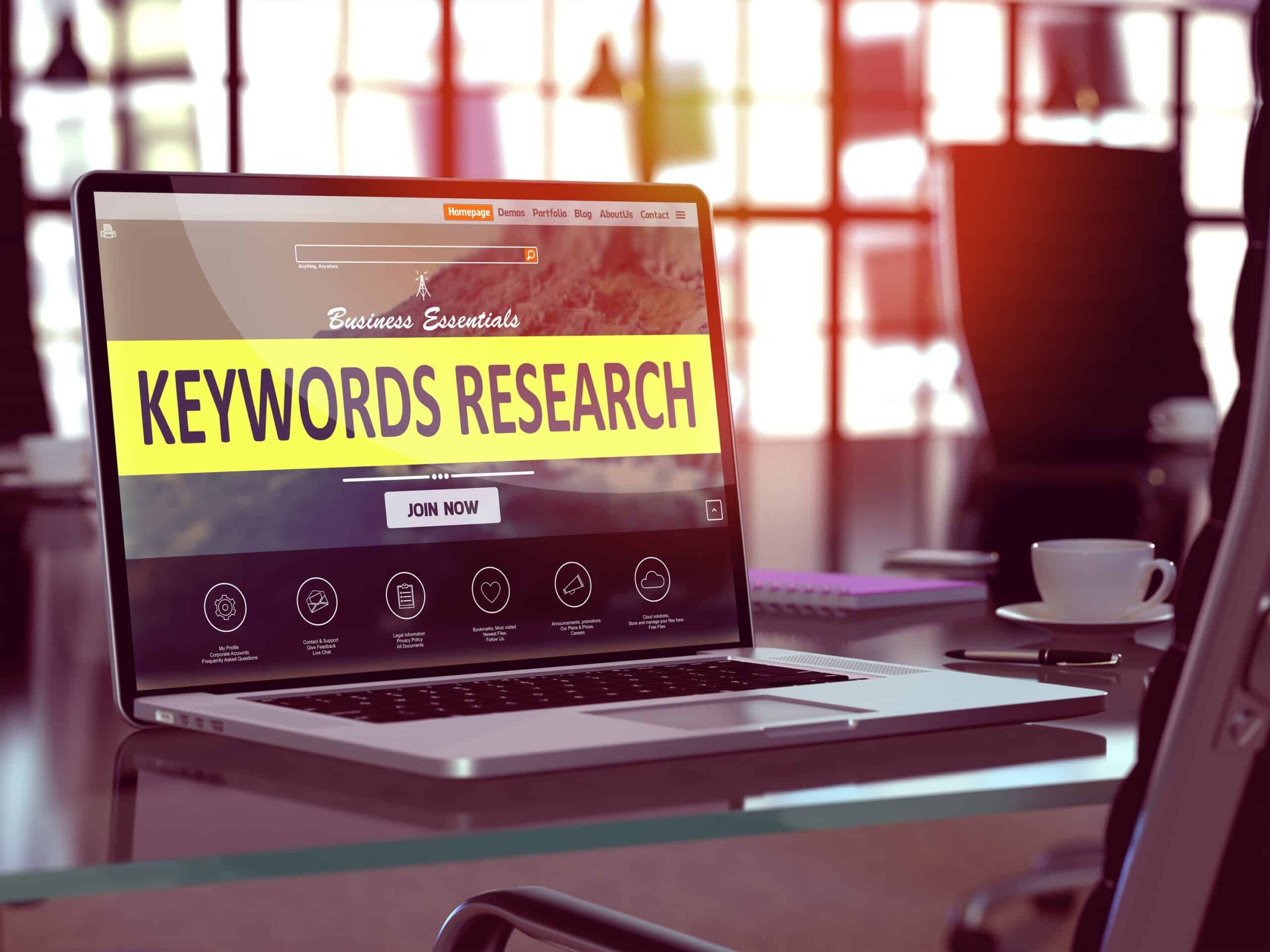 Laptop Screen with Keywords Research Concept. video seo keyword planning