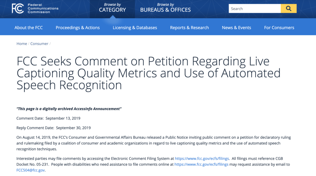 FCC Petition on Automatic Speech Recognition ASR Live Captioning Standards