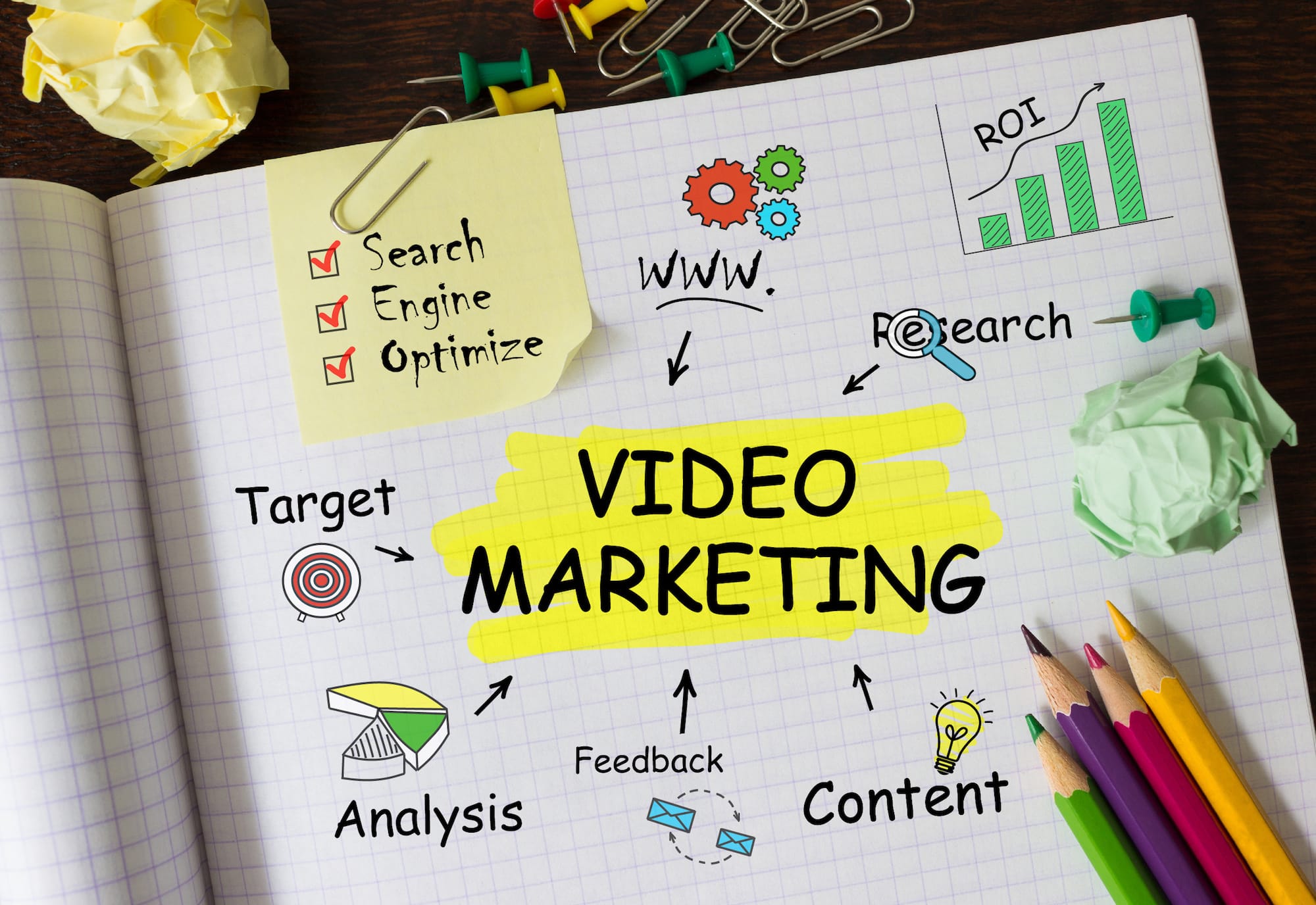 Notebook with Tools and Notes About Video Marketing, concept